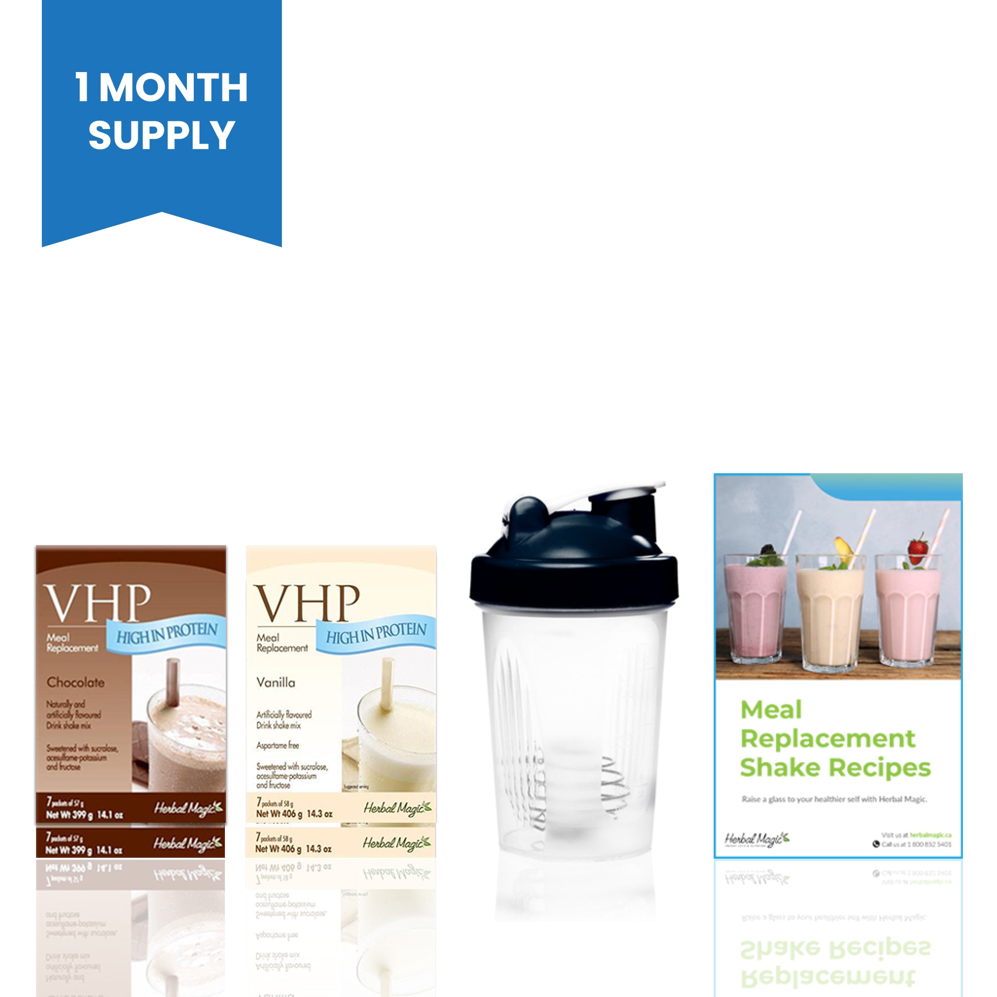 The 50/50 Meal Replacement Shakes Kit includes a 1-month supply of chocolate (2 boxes) and vanilla (2 boxes) VHP shakes!