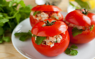 These salmon stuffed tomatoes are super delicious and make for a great light dinner or side dish. Serve this recipe with rice and enjoy the Italian feel to it!