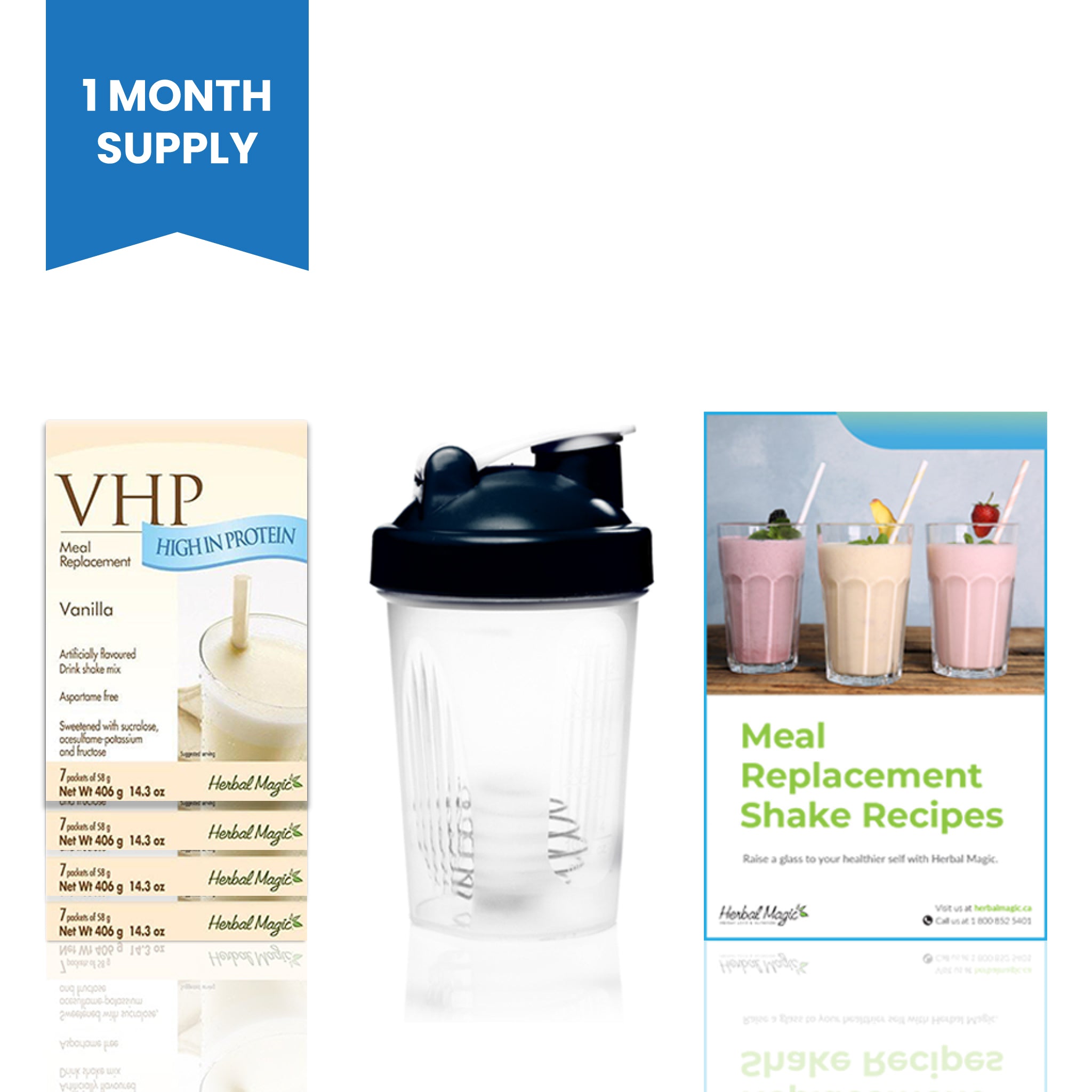 The Vanilla Meal Replacement Shakes Kit includes a 1-month supply (4 boxes) of all vanilla VHP shakes !